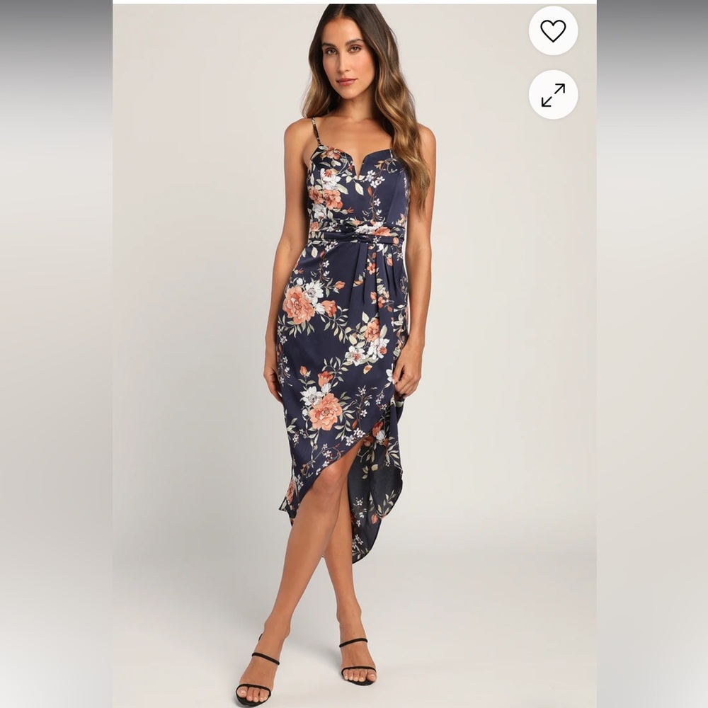 Lulu's My Favourite Day Navy Floral Midi Tulip Dress with Peach Flowers